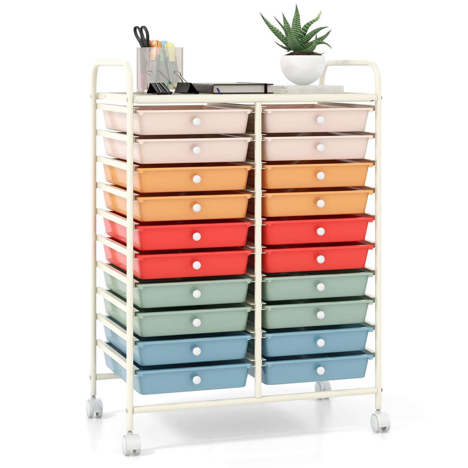 20-Drawer Rolling Utility Cart with Lockable Wheels & Removable Plastic Bins - Perfect for Classroom Organization, Office Supplies, Art Studio & Craft Storage (Macaron Color)