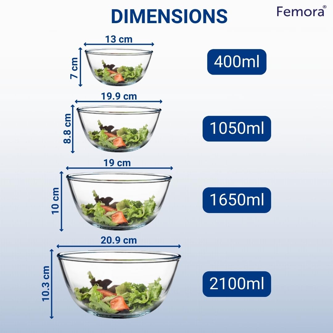 Borosilicate Glass Mixing Bowls Set - 400ml, 1050ml, 1650ml Microwave & Oven Safe - Transparent Heat-Resistant Kitchen Bowls for Baking, Mixing, Food Prep & Storage