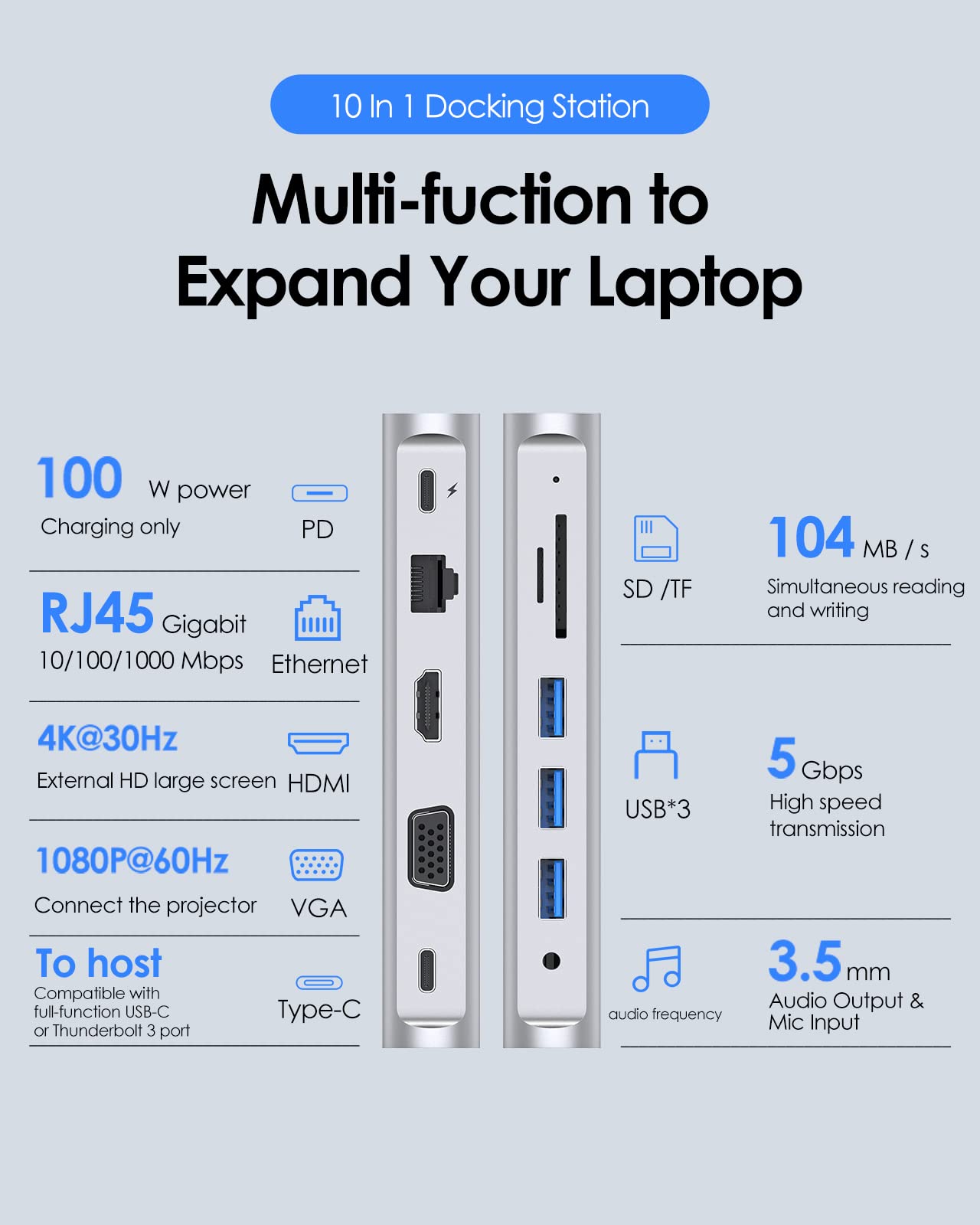 LENTION USB C Docking Station 100W Power Delivery - 4K HDMI, VGA, Gigabit Ethernet, SD/TF Card Reader, 3 USB 3.0 Ports, 3.5mm Aux Adapter for MacBook Pro/Air, Surface, Steam Deck, Dell, HP (CB-D55, Silver) - Perfect for Home Office, Gaming & Multi-Monitor Setup
