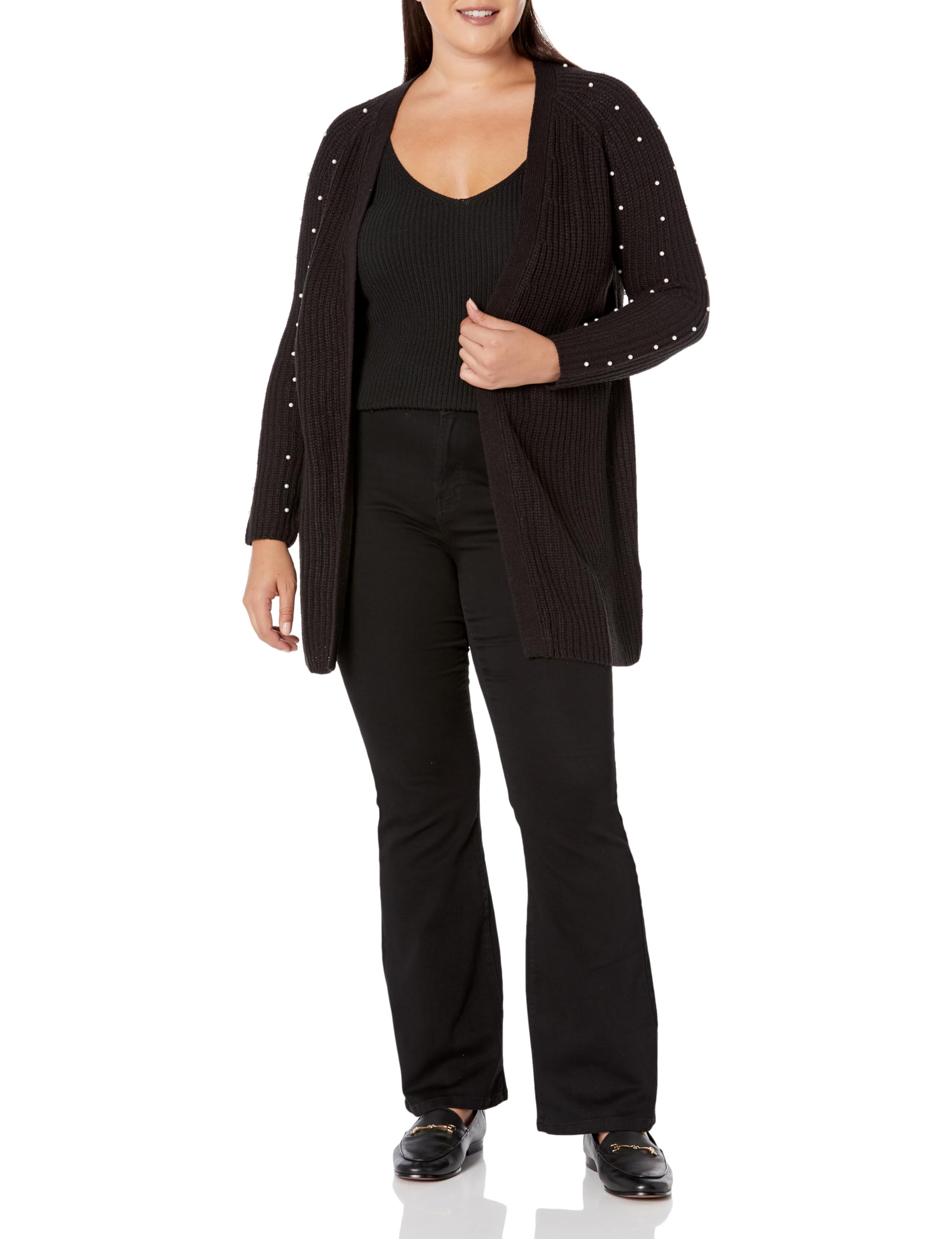 EVANS Women's Plus Size Cardigan with Pearl Sleeve Details - Soft Knit Open Front Sweater for Work, Office & Casual Outfits