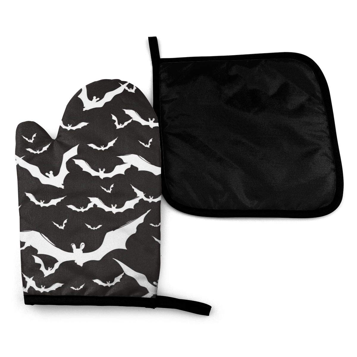 Gothic Bat Black & White Microwave Oven Mitts & Pot Holders Set - Heat Resistant Kitchen Gloves for Baking, Pizza, BBQ - Halloween Goth Home Decor Accessories - Perfect for Halloween Parties & Gothic-Themed Kitchens