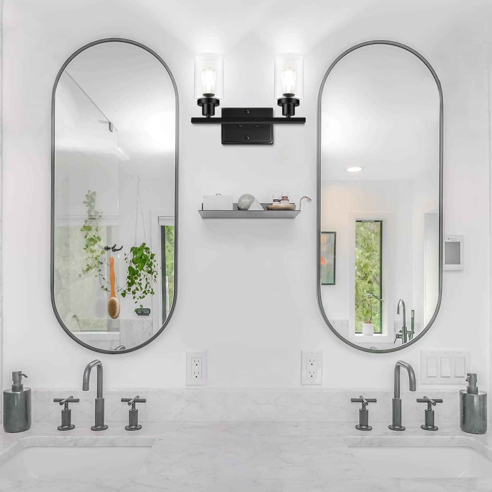 Ascher 2-Light Modern Wall Sconce with Clear Glass Shade - Black Vanity Light Fixture for Bathroom Mirror, Hallway & Bedroom - E26 Base (Bulbs Not Included) - Perfect for Ambient Lighting and Home Decor