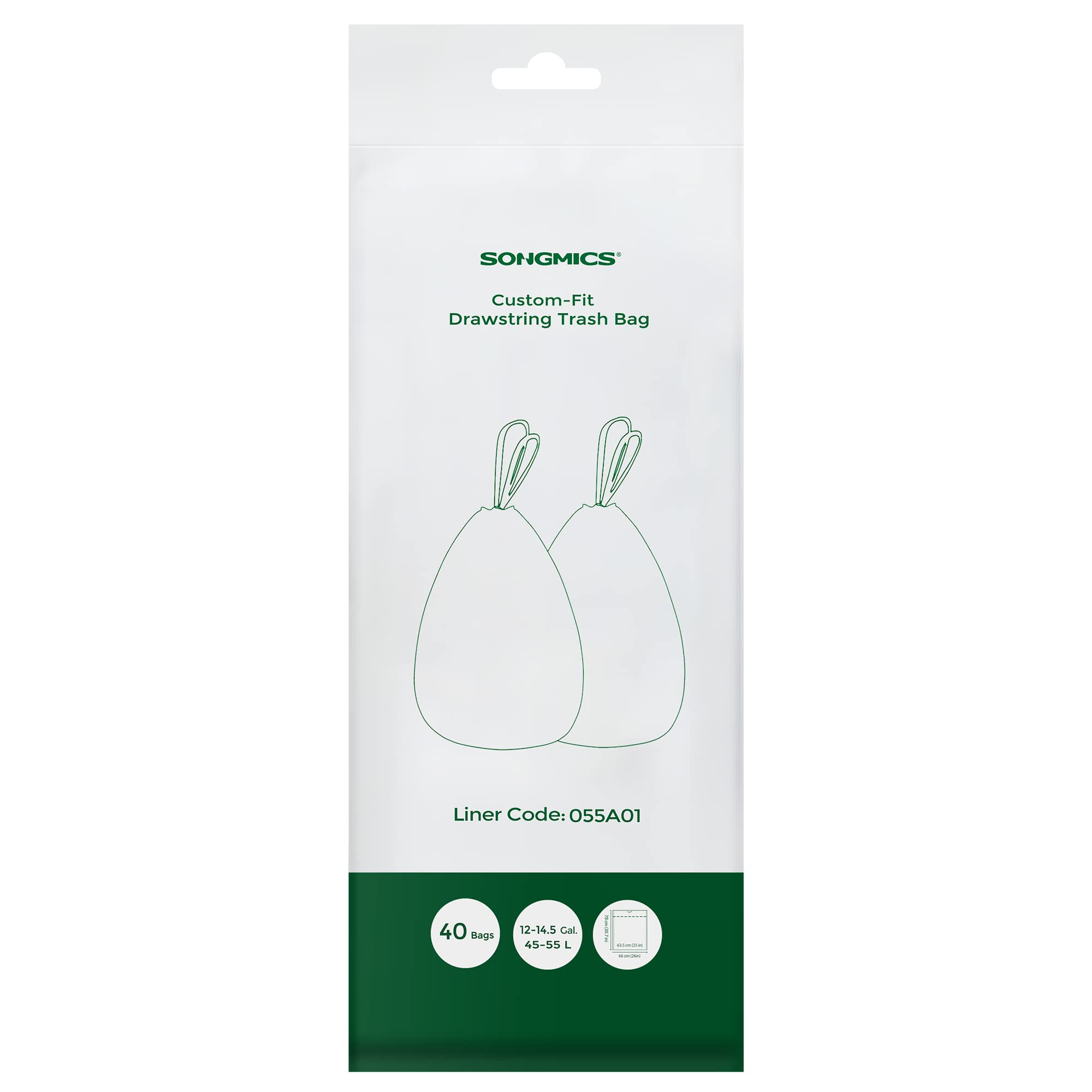 SONGMICS 12-14.5 Gallon Trash Bags, 40 Count Drawstring Garbage Bags for Kitchen, Bathroom & Office - White (UKRB055A01) - Durable Waste Bin Liners with Secure Closure