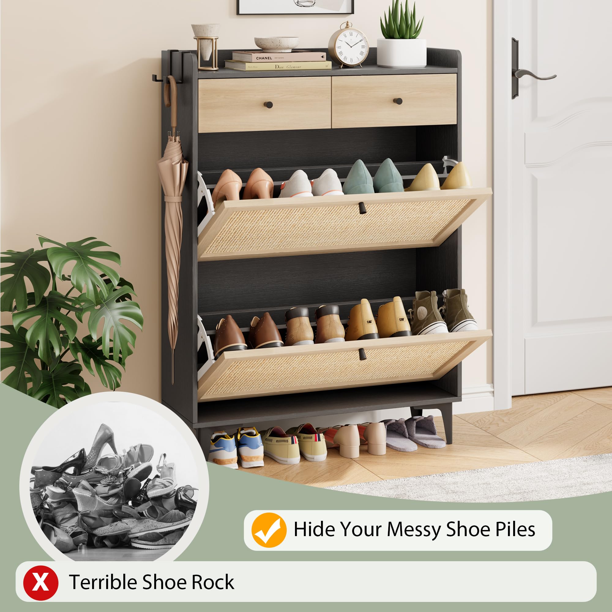 Rattan Shoe Cabinet with 2 Flip Drawers & 2 Storage Drawers - Freestanding Narrow Wooden Shoe Organizer with Metal Legs for Entryway, Hallway, Living Room - Light Black Finish - Perfect for Small Spaces & Home Organization