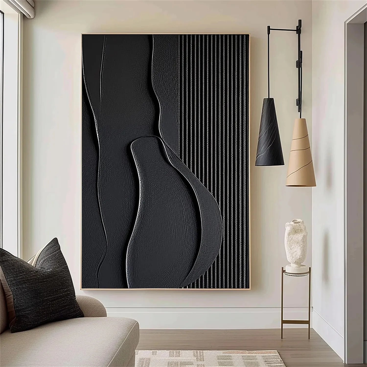 Black Minimalist Textured Painting Canvas Wall Art - Modern Abstract Home Decor for Living Room, Bedroom & Office | Premium Quality #MZ096