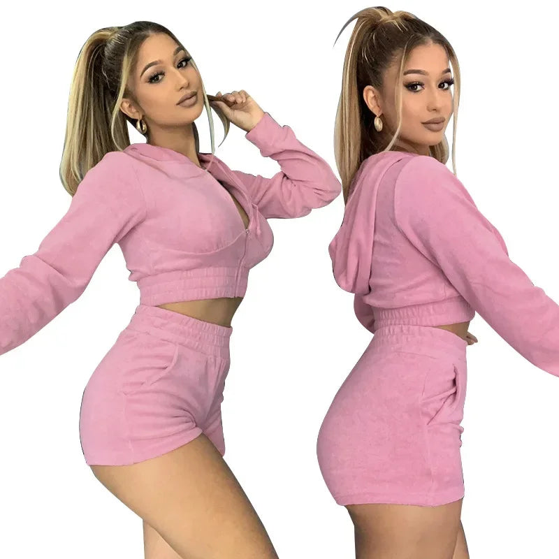 Velvet Tracksuit for Women - Sporty 2 Piece Set with Hooded Zip Jersey & Shorts | 2024 Fashion Streetwear | Gym, Lounge & Casual Outfit