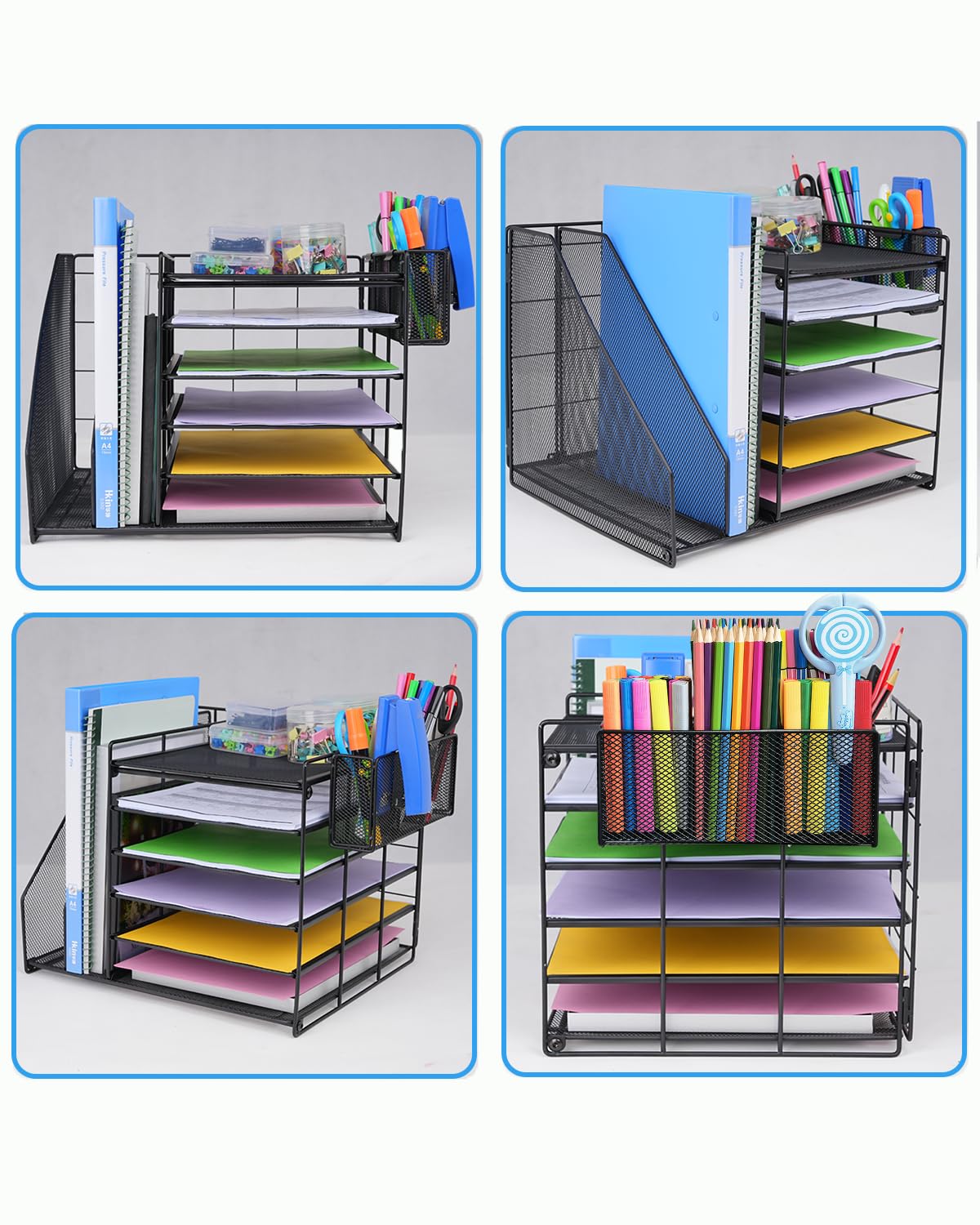 6-Tier Mesh File Organizer for Desk - Paper Tray with File & Pen Holder, Black Office Desk Accessories | Perfect for Workspace Organization & Document Management