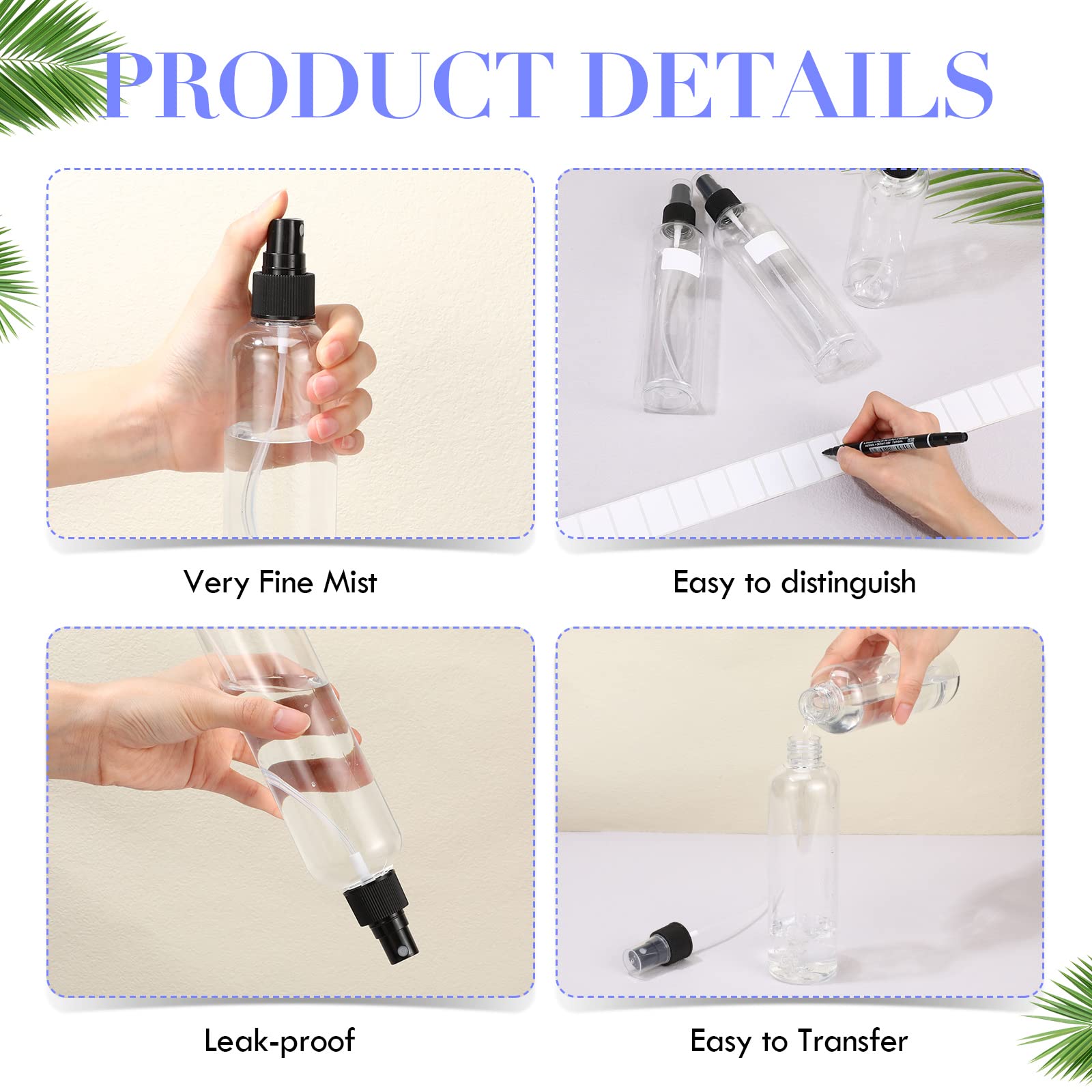 32 Pack 8 oz Fine Mist Spray Bottles - Clear & Black Empty Plastic Refillable Travel Bottles for Perfume, Essential Oils, Hair Care, Skincare | Portable for Home, Gym, Office & Travel Use