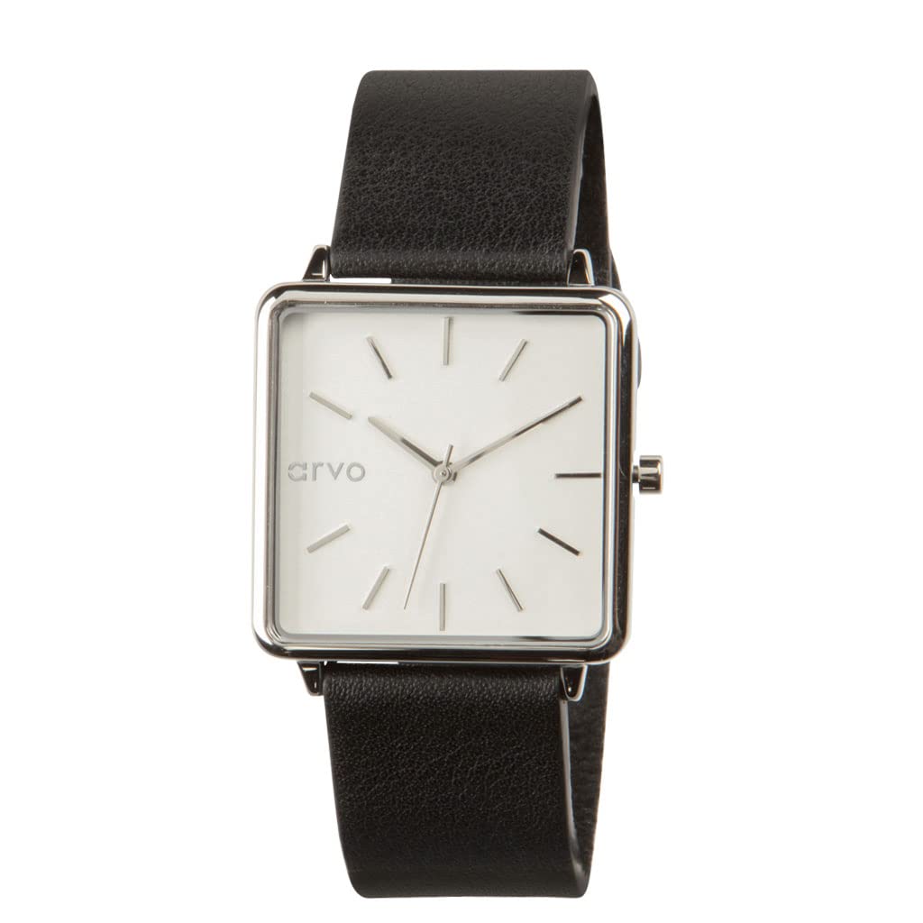 Arvo Time Squared Watch - Silver Stainless Steel Case with Genuine Black Leather Band - Minimalist Dress Watch for Men & Women - Perfect for Business, Office, and Formal Occasions