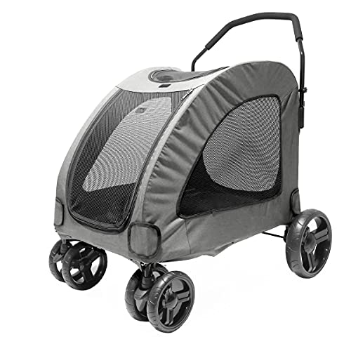 Foldable Pet Stroller for Medium & Large Dogs - Lightweight Travel Carrier with Safety Leash, Mesh Windows & Rear Door | Perfect for Outdoor Walks, Vet Visits & Shopping Trips (Gray)