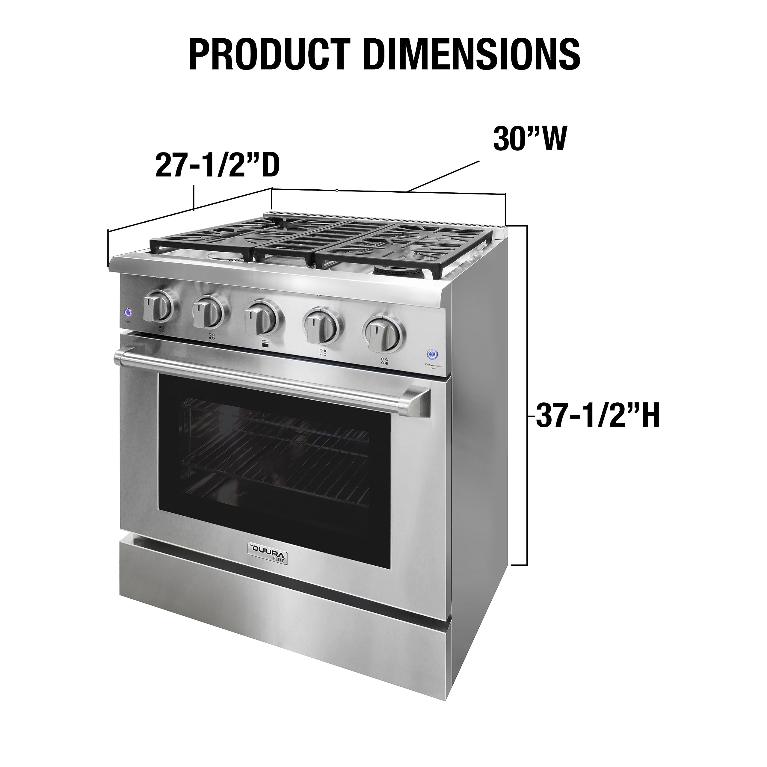 30-Inch DE300GRTSS Freestanding Gas Range with 4 Burner Cooktop, Porcelain Convection Oven & Broil Function - Continuous Stainless Steel Grates & Metallic Finish for Modern Kitchens | Perfect for Baking, Roasting & Family Cooking