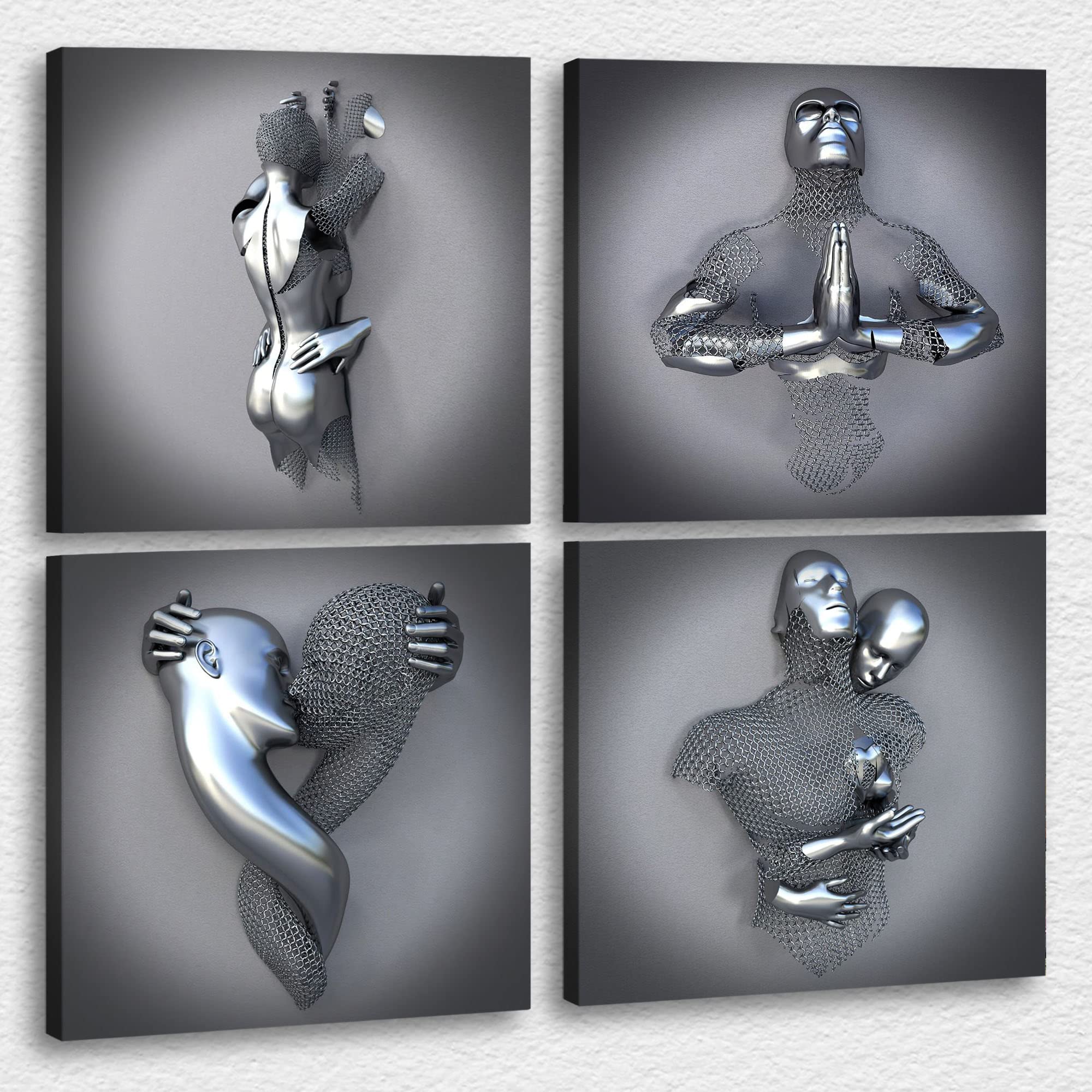 4 Piece Set 3D Canvas Wall Art - Love Heart Gray Modern Framed Painting, Hugging Couple & Kissing Design for Bedroom Decor, Home Gifts (20