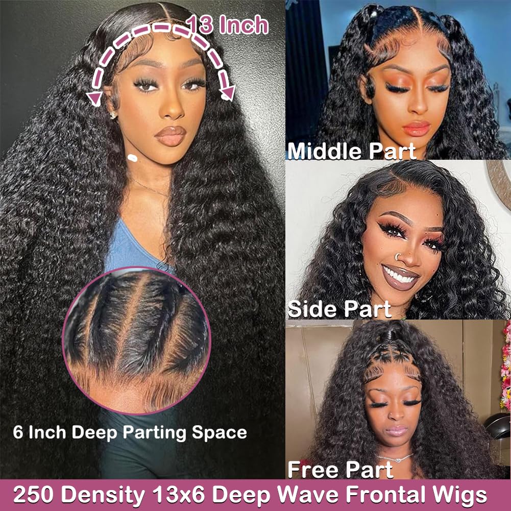 250% Density HD Lace Front Wigs Human Hair 13x6 Deep Wave 28inch - Bleached Knots & Pre Plucked Curly Human Hair Wig for Women - 100% Natural Color - Perfect for Daily Wear, Cosplay & Special Occasions