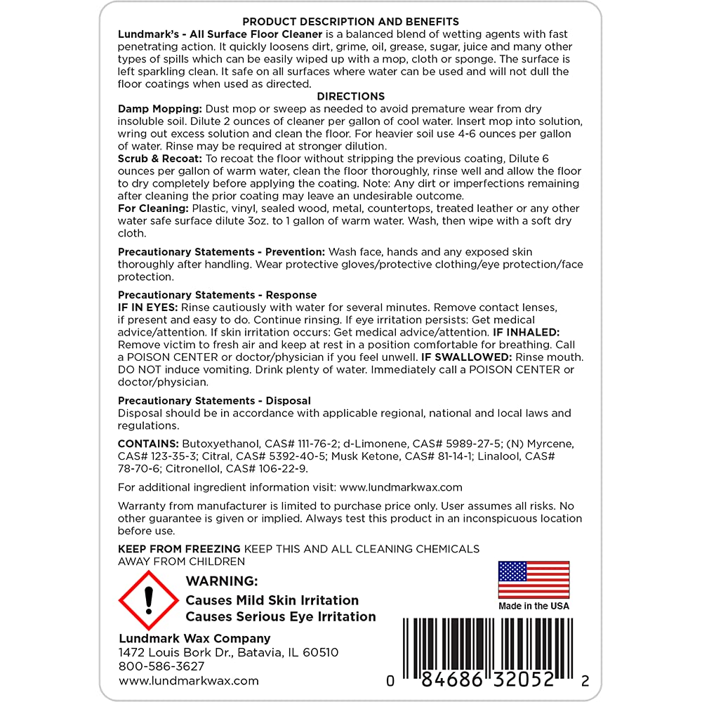 Lundmark All Surface Floor Cleaner Concentrate - 32 oz for Wax Floors & Hard Surfaces | Multi-Purpose Cleaning Solution for Homes, Offices & Commercial Spaces