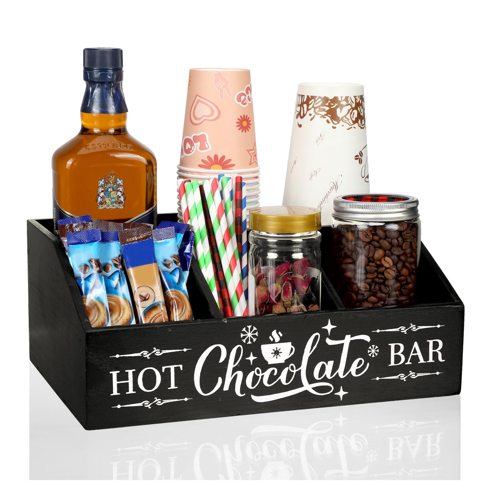 Barydat Christmas Hot Cocoa Bar Organizer - 4 Compartment Wooden Coffee Station Countertop Holder for Kitchen, Holiday Party & Home Decor - Perfect for Xmas Gifts, Hot Chocolate Serving & Coffee Bar Organization (Black)