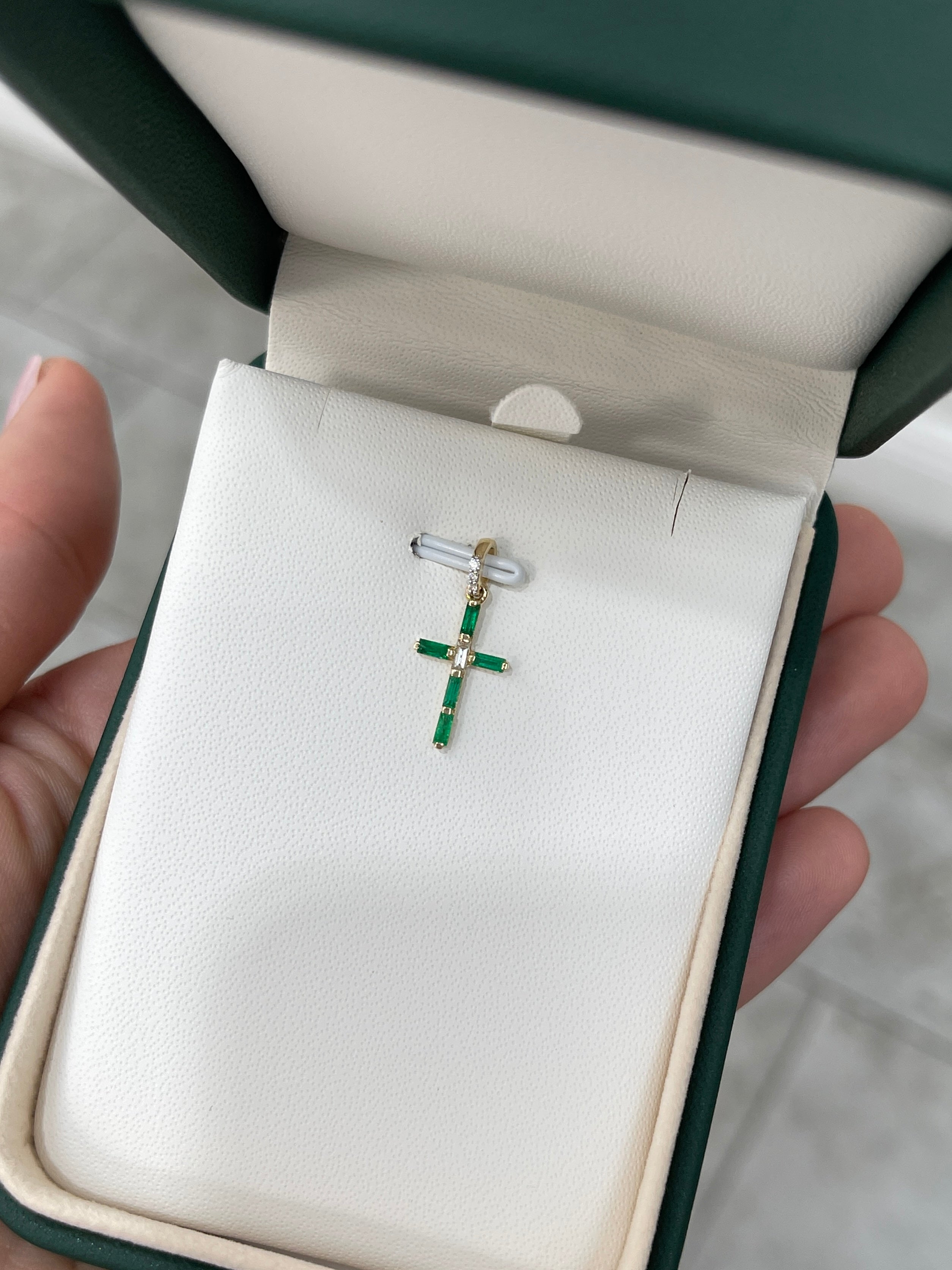 14K Gold Emerald Cross Pendant with Baguette & Round Diamonds - Elegant Religious Jewelry for Baptism, First Communion & Special Occasions