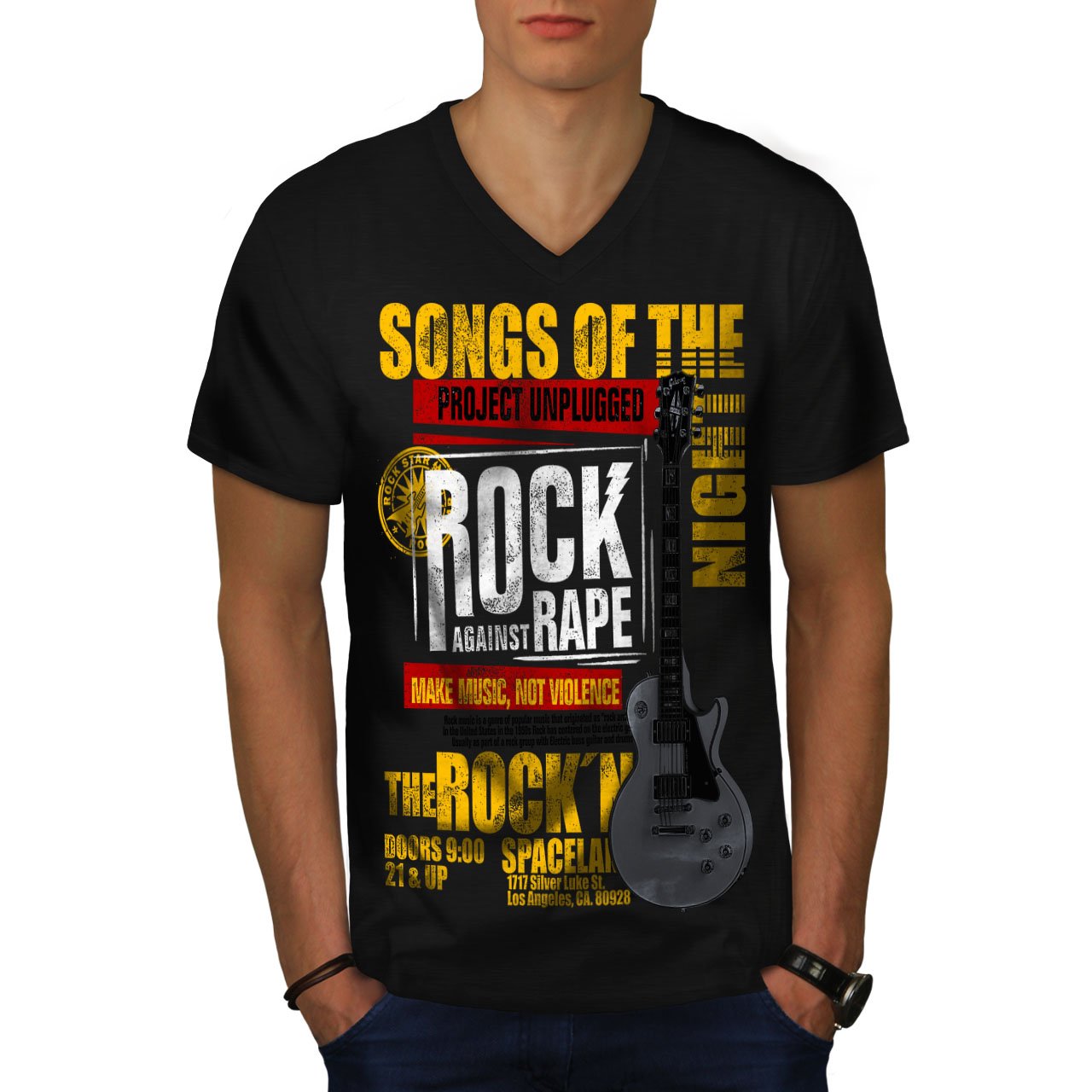 Anti-Rape Rock Music Men's V-Neck T-Shirt - Graphic Print Tee for Concerts & Music Festivals | Punk Rock Band Merch Gift for Men