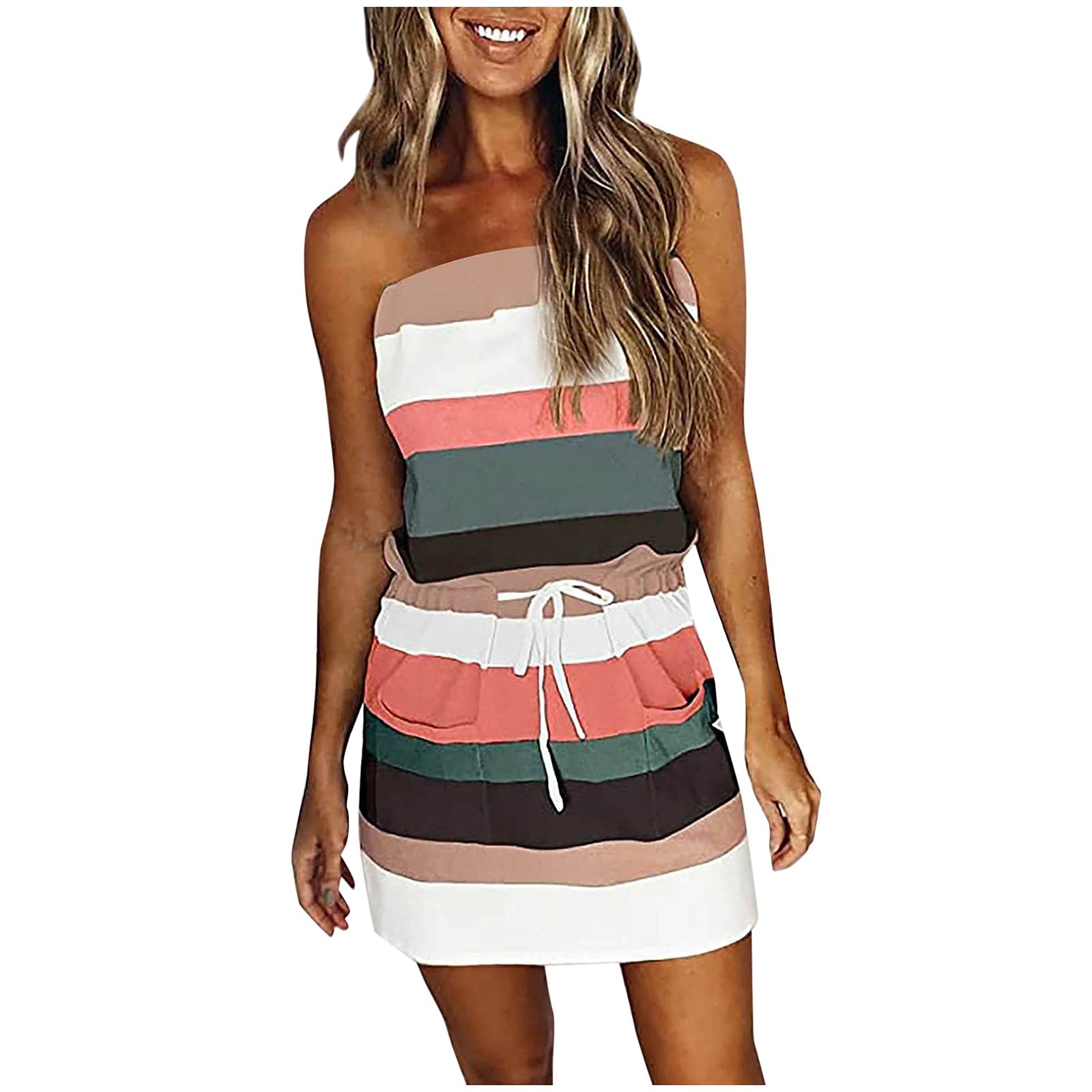 Soyienma Women's Summer Casual V-Neck Sleeveless Spaghetti Strap Mini Dress with Belt - Striped Splicing Design for Beach, Vacation & Date Night Outfits