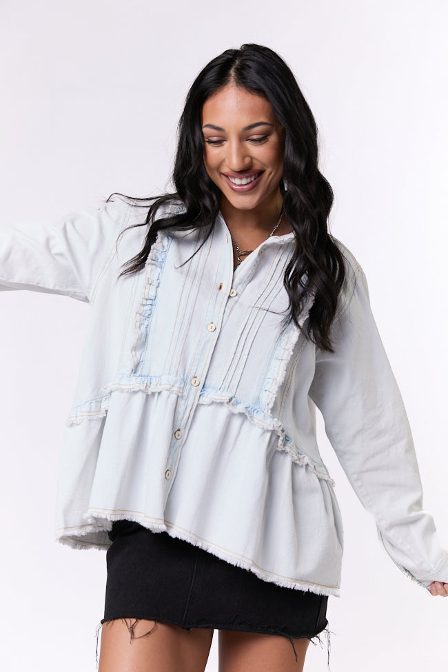 Light Wash Ruffle Trim Peplum Chambray Blouse for Women - Casual Summer Tops for Work & Date Night Outfits