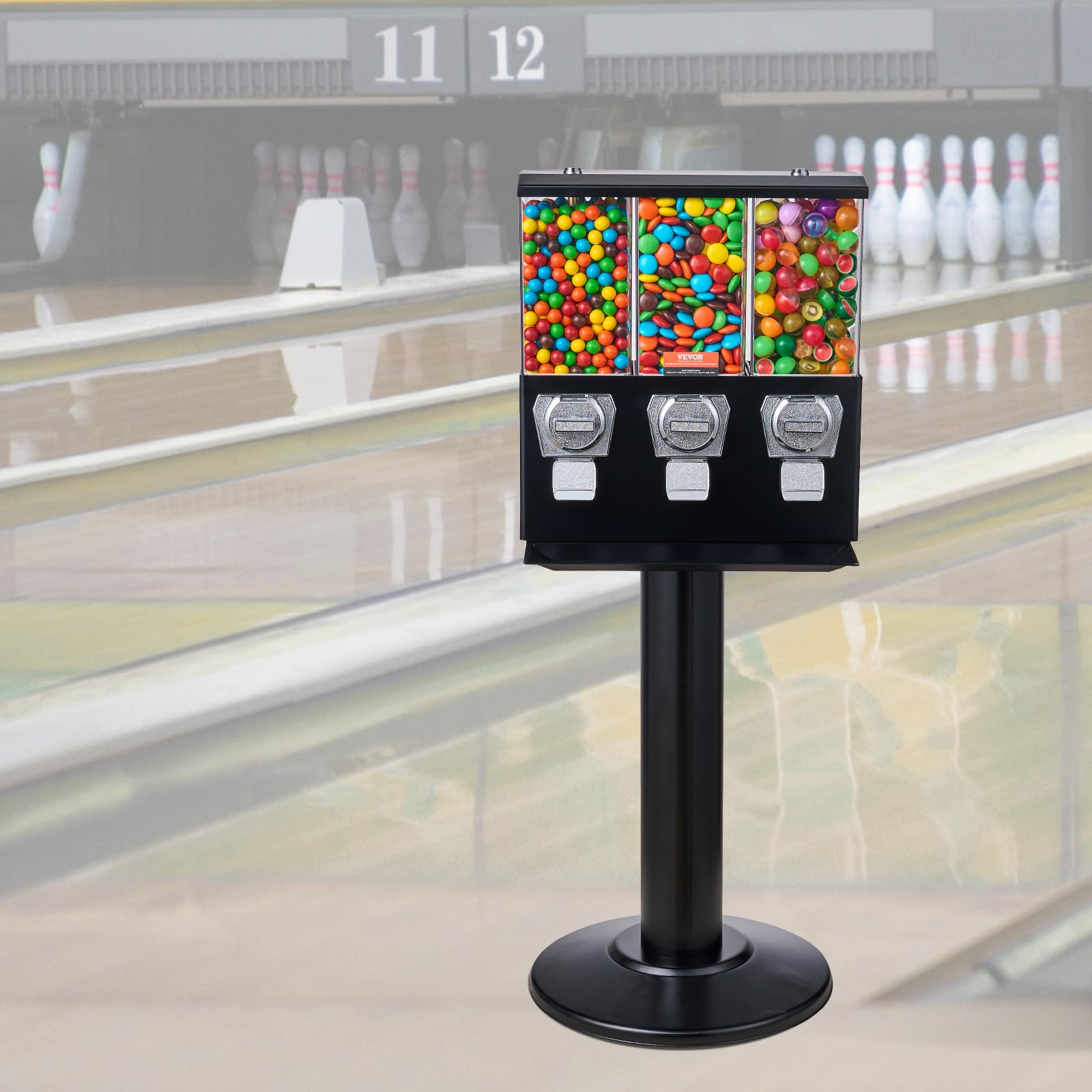 VEVOR Commercial Triple Compartment Candy Vending Machine with Iron Stand - Coin Operated Gumball & Nut Dispenser for Business (Black) | Perfect for Retail Stores, Arcades, and Office Break Rooms