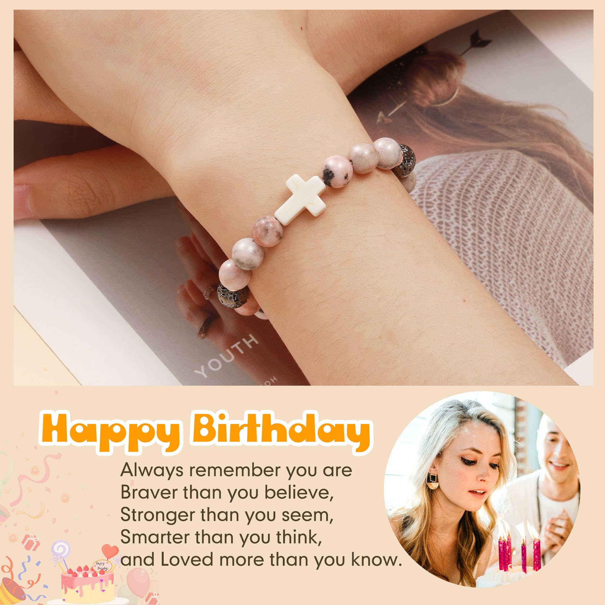 JSJOY Natural Stone Beaded Bracelet - Birthday Gifts for Women, Girls, Mom, Sister, Daughter (Age 6-80) - Christian Cross Jewelry for Easter, Christmas & Special Occasions - Perfect for Daily Wear, Church & Gift Giving