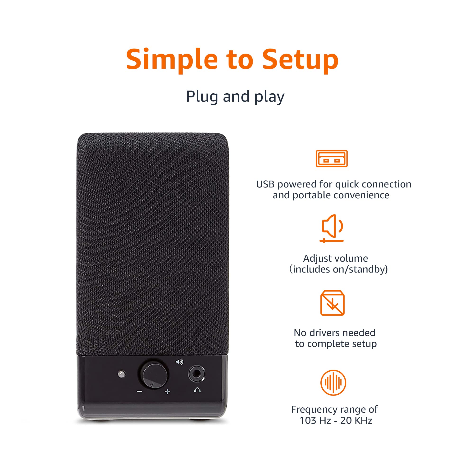 Amazon Basics USB-Powered Computer Speakers with Volume Control, Plug-N-Play, Black - Ideal for Desktop, Laptop, Home Office, and Gaming Setup