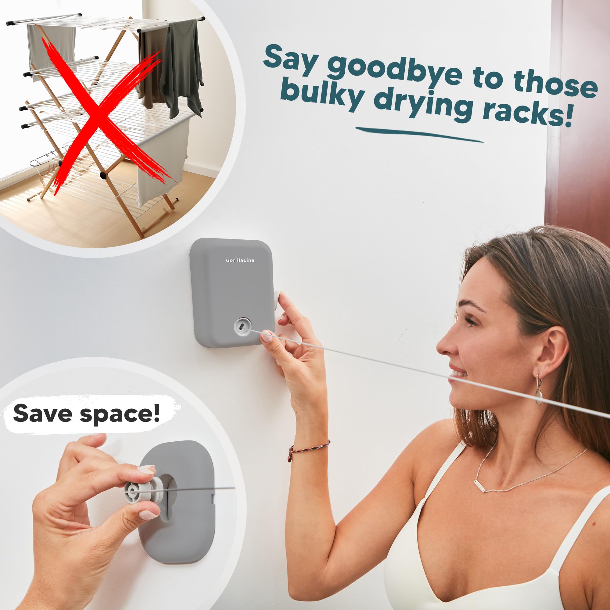 GorillaLine Retractable Clothesline for Indoor & Outdoor Use - Heavy Duty Wall Mounted Laundry Drying Rack - Perfect for Small Spaces, Apartments, Camping & Travel - Air Dry Clothes Efficiently