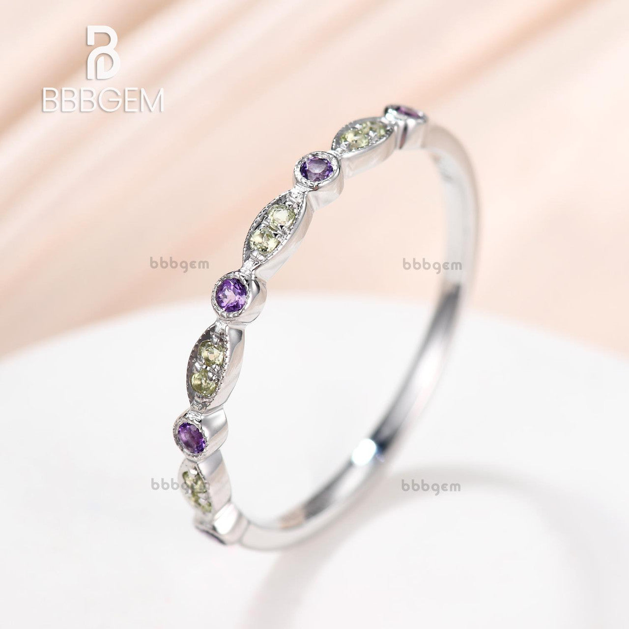 Marquise and Dot Amethyst Peridot Wedding Ring - Platinum Half Eternity Band for February & August Birthstones - Perfect for Anniversary, Engagement, and Bridal Jewelry Gifts