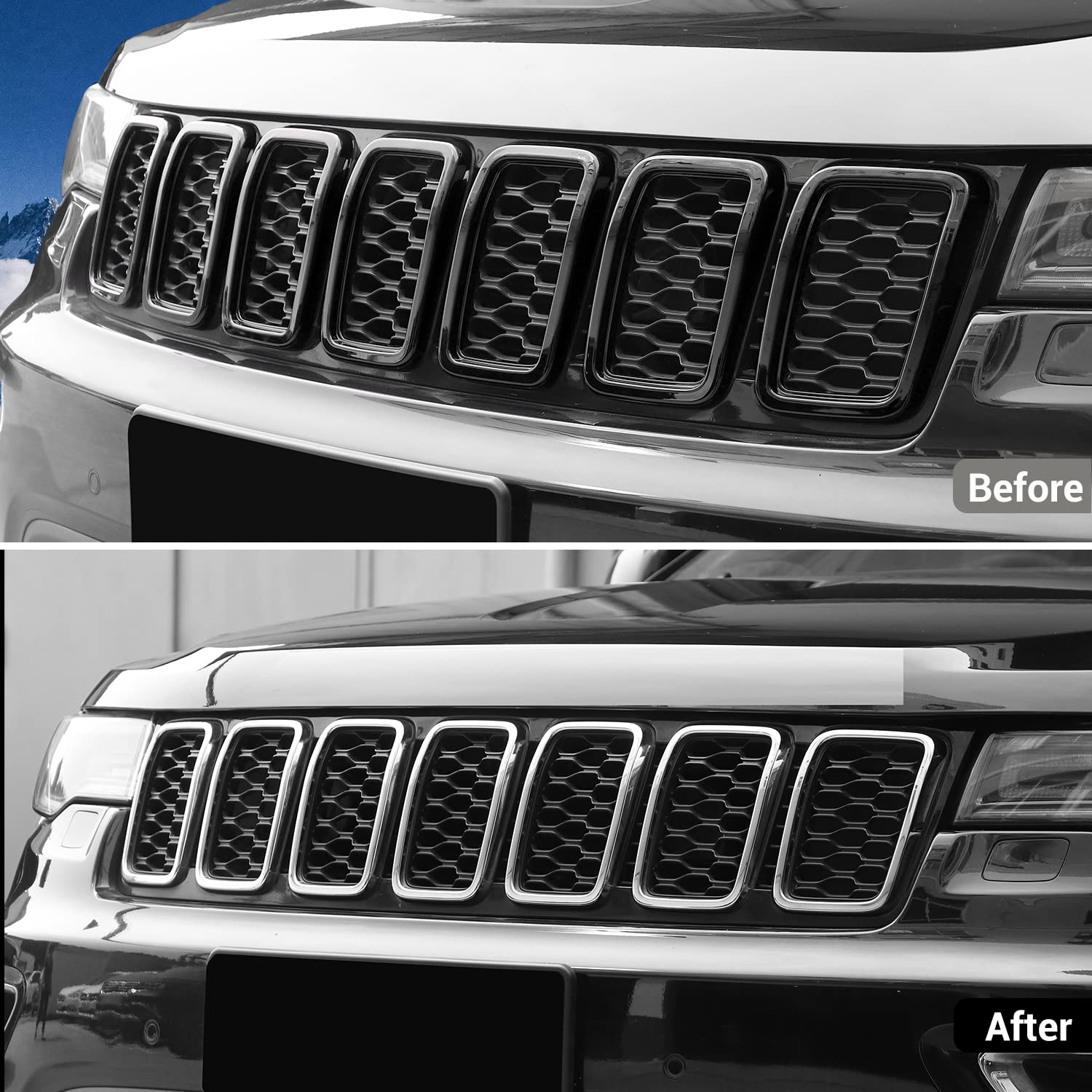 JeCar 7Pcs Black Honeycomb Front Grill Rings & Mesh Inserts Cover Trim Kit for 2017-2020 Jeep Grand Cherokee - Off-Road & Urban Style Upgrade