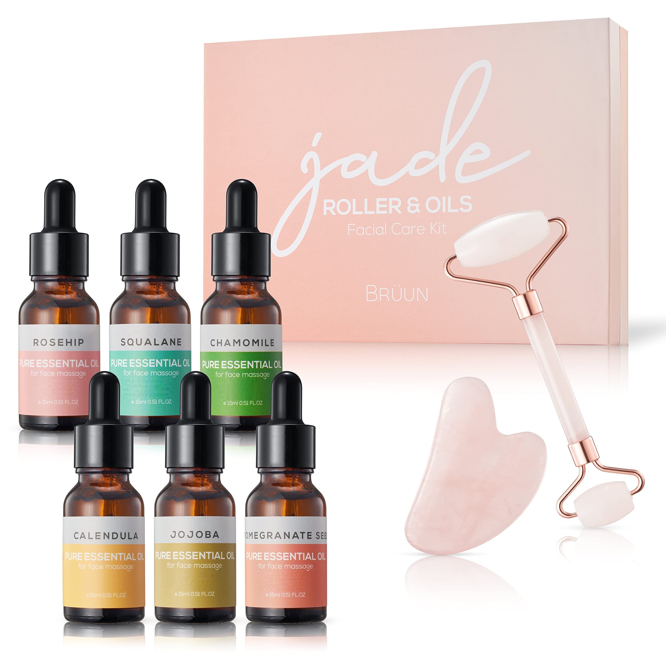 BRÜUN Jade Roller & Gua Sha Set with 6 Organic Face Oils - Pink Quartz Facial Massage Tools for Anti-Aging, Wrinkle Reduction & Glowing Skin | Perfect for Women's Daily Beauty Routine, Spa Night & Self-Care Gifts