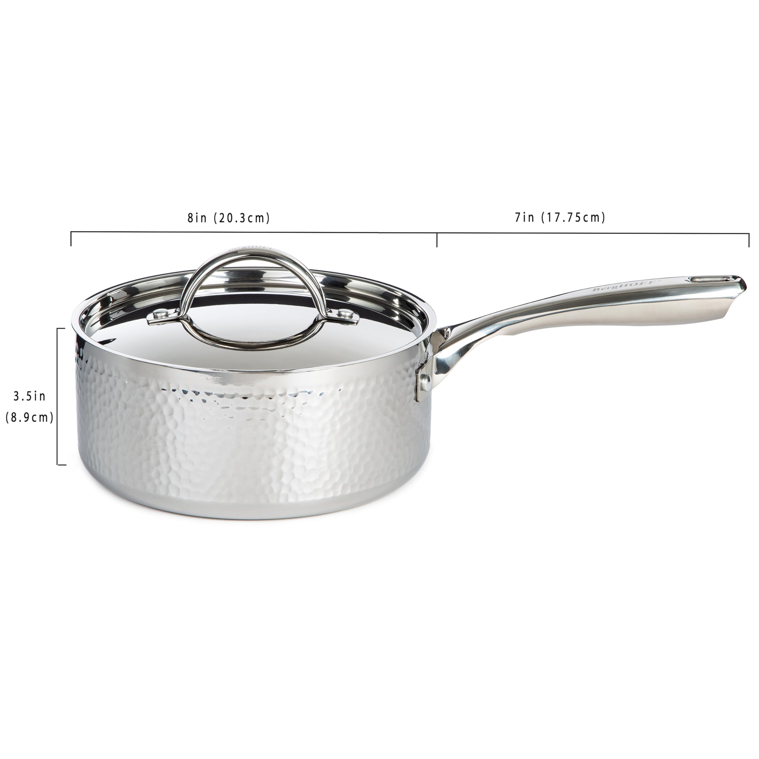 BergHOFF Vintage Tri-Ply 18/10 Stainless Steel Saucepan 3 Quart with Lid - 8 Inch Induction Compatible Cookware, Hammered Finish & Ergonomic Handle - Perfect for Soups, Sauces, and Slow Cooking
