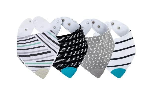 Bazzle Baby Bandana Teething Bibs 4-Pack - Soft Cotton Drool Bibs for Boys & Girls with Silicone Teether for Teething Relief, Adjustable & Absorbent Baby Bibs for Drooling (Black & White) - Perfect for Feeding, Playtime & Everyday Use