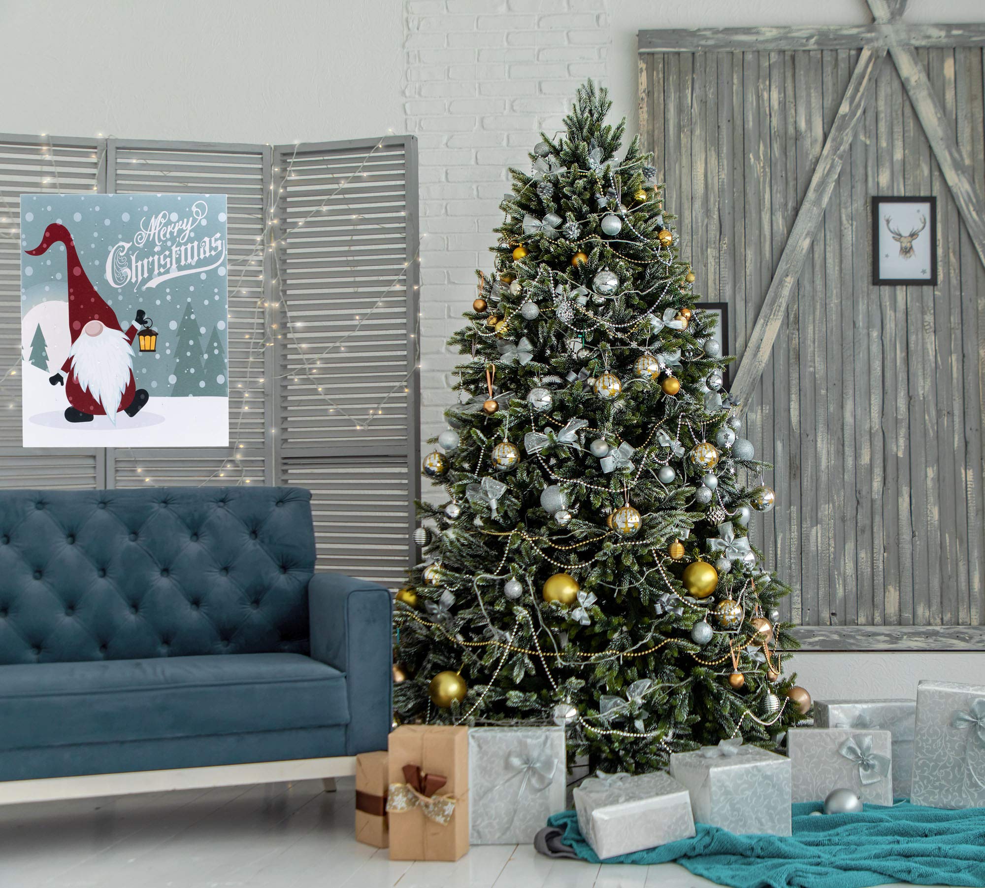 OSW Merry Christmas Gnome LED Lighted Canvas Wall Art - Winter Scene with Lantern, 17 x 13.75 Inches, Auto 6-Hour Timer, Battery Powered (AA) - Perfect for Holiday Home Decor, Gift Giving & Festive Ambiance