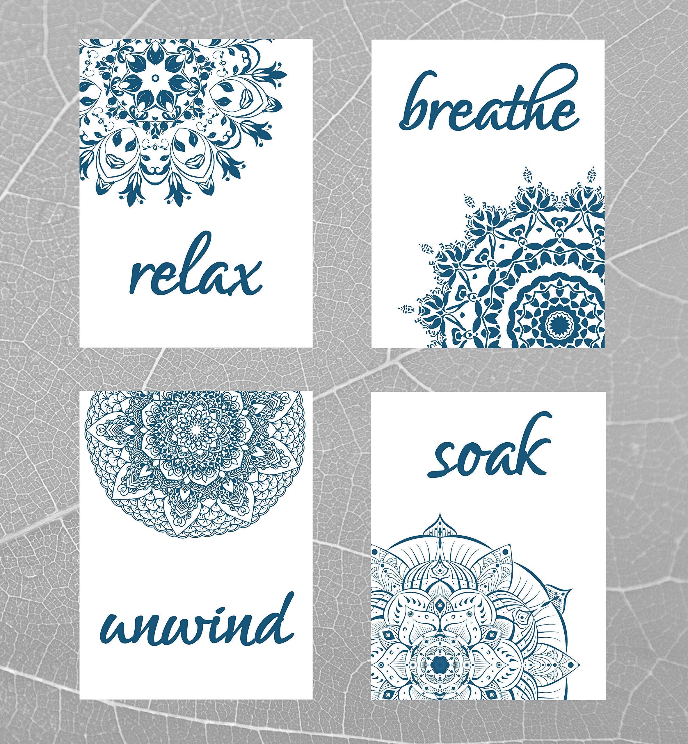 Mandala Flower Bathroom Wall Art - Set of 4 Unframed Inspirational Quote Prints in Dark Blue - Perfect for Bathroom Decor, Meditation Spaces & Gift Giving