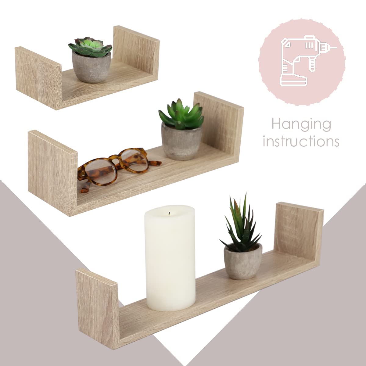 Durable Floating Wood Shelves Set of 3 - Solid Oak Wall Shelves for Living Room, Bedroom, Kitchen Storage & Decor