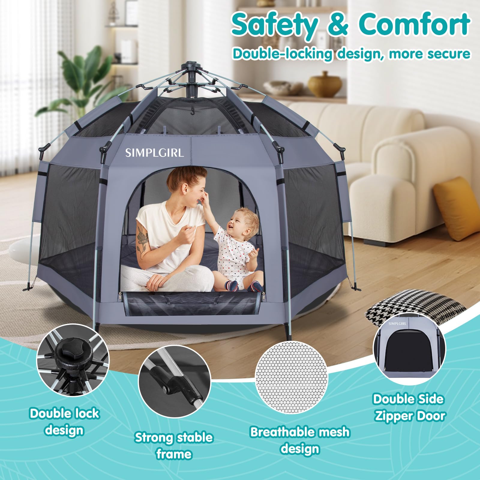 **Premium Indoor & Outdoor Baby Playpen - Portable Lightweight Pop-Up Play Yard with Canopy & Travel Bag - Safe Play Space for Toddlers - Ideal for Home, Travel, Beach & Park (Grey)**