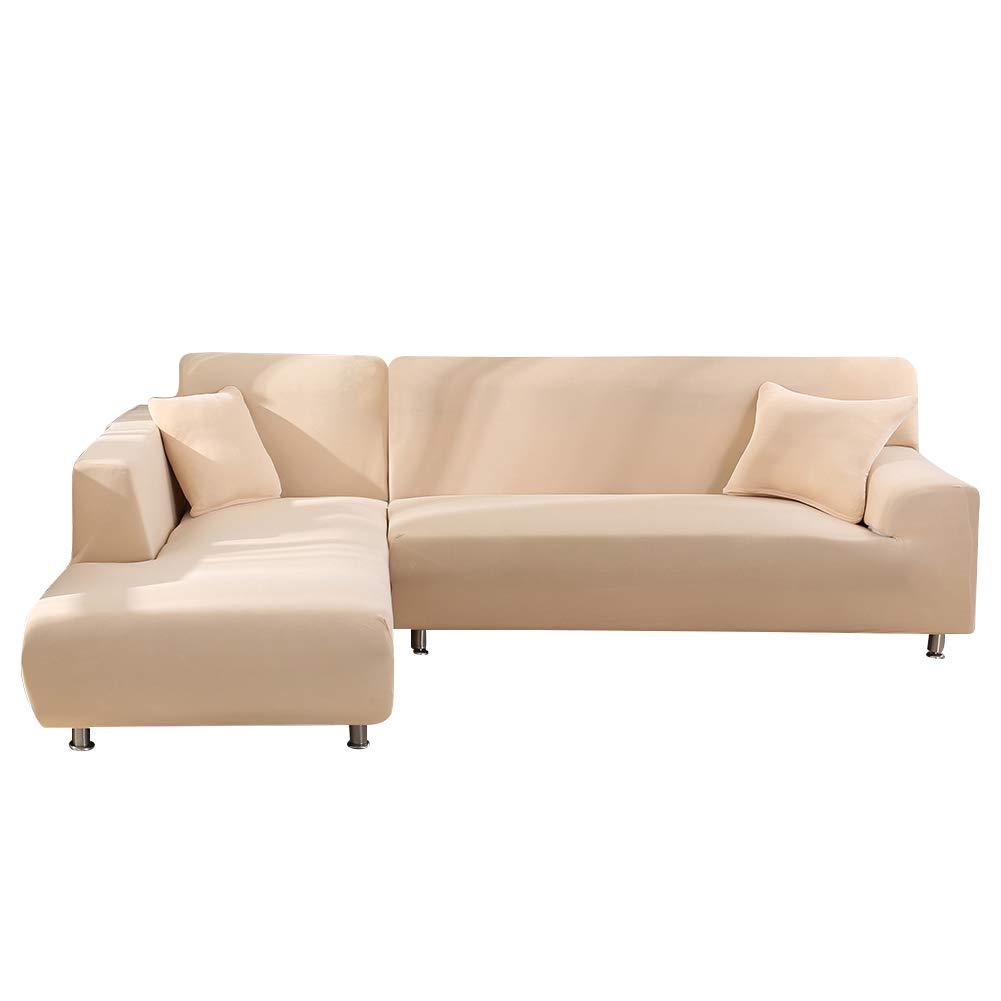 Stretchable 3-Seat L-Shaped Sectional Sofa Cover - Soft Washable Couch Slipcover, Furniture Protector (Beige) for Living Room, Family Room & Home Theater