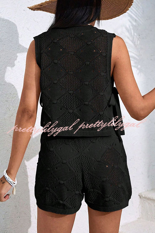 Solid Color Sleeveless Tie Knitted Vest & Loose Elastic Waist Drawstring Shorts Set - Women's Casual Summer Outfit for Beach, Vacation and Streetwear Fashion