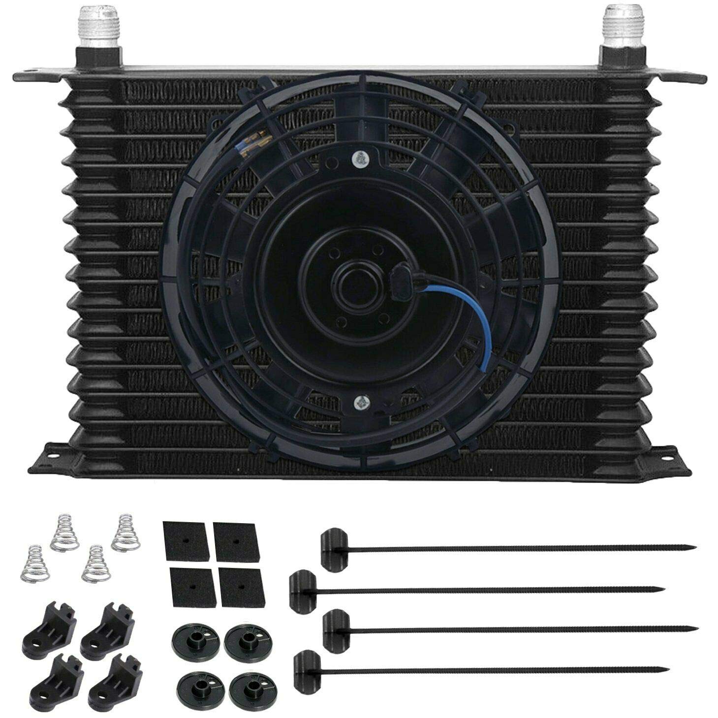 15 Row Black Aluminum Auto Engine Transmission Oil Cooler Kit with 10AN Hose End Fittings, 8
