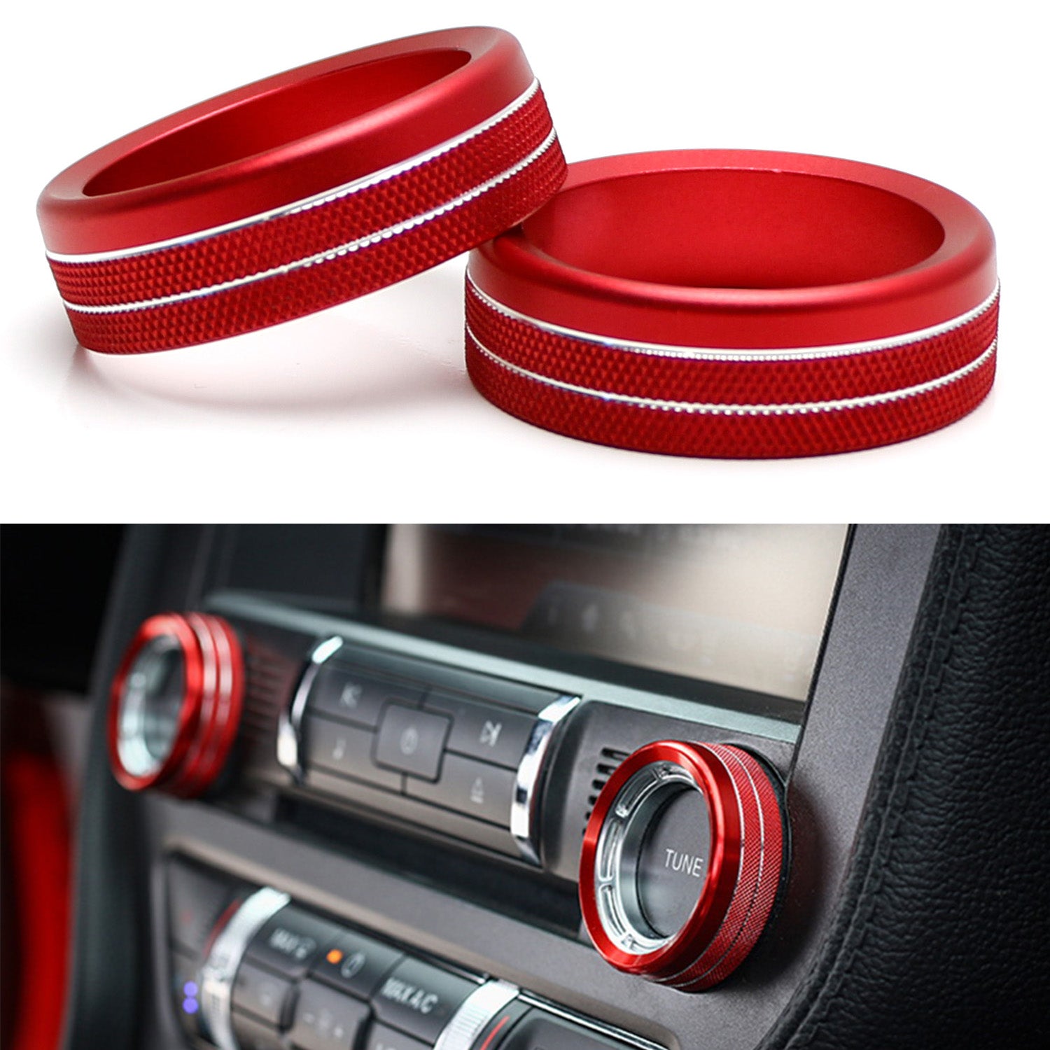 2-Pack Red Stereo Audio Volume Control Knob Covers for 2015-2023 Ford Mustang | Dash Accessories & Car Interior Upgrade | Perfect for Music Lovers & Custom Car Enthusiasts