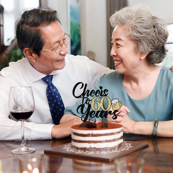 Kaoenla Black Gold Glitter 'Cheers To 60 Years' Beer Cake Topper - Elegant 60th Birthday Decor for Men & Women, 60th Wedding Anniversary Party Supplies, Milestone Celebration Cake Decoration (60) - Perfect for Retirement Parties, Diamond Anniversary Events & Golden Birthday Celebrations
