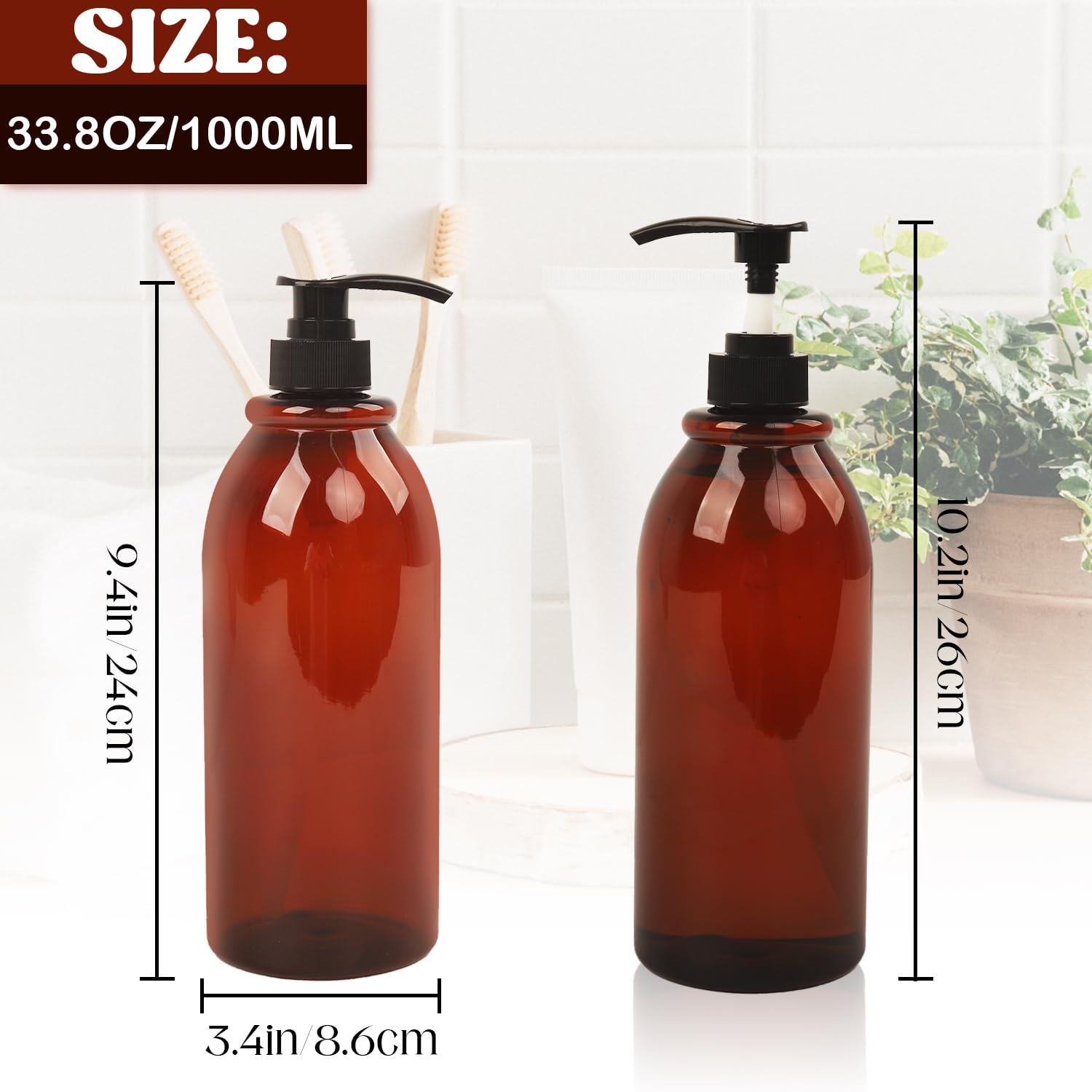 32 Oz Refillable Shampoo & Conditioner Bottles with Pumps - 4-Pack Eco-Friendly Plastic Dispensers for Body Wash, Soap & Lotion (1L, Amber) | Perfect for Bathroom, Salon, Travel & Sustainable Home Use