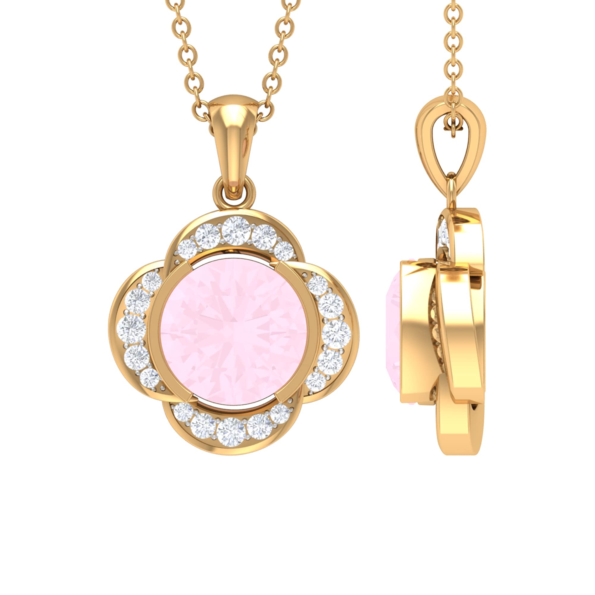 1/2 CT Half Bezel Set Rose Quartz & Moissanite Flower Pendant Necklace - 14K Solid Gold AAA Quality Jewelry for Women - Perfect for Valentine's Day, Anniversary & Birthday Gifts