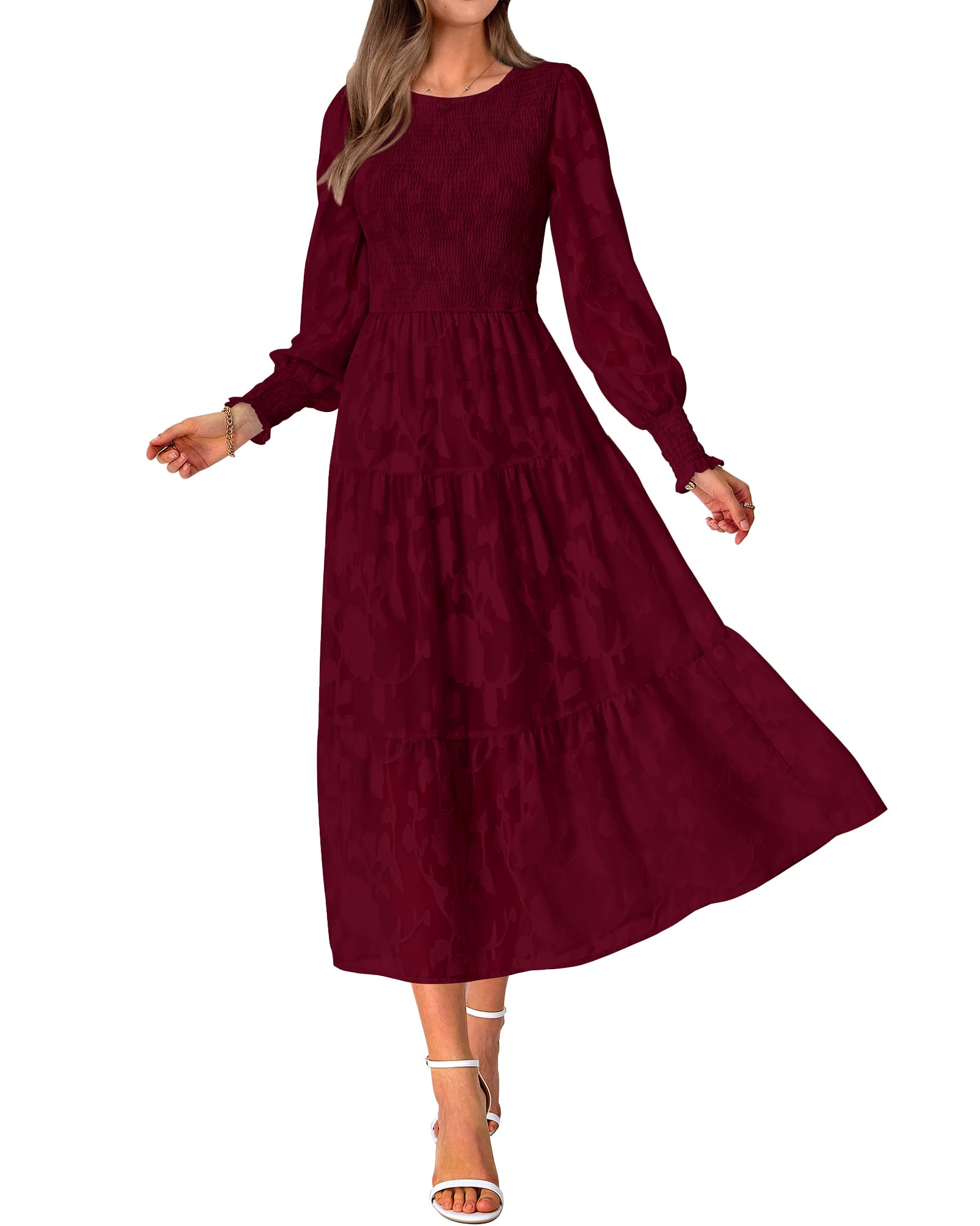 BTFBM Women's Elegant Floral Midi Dress - Long Sleeve Bohemian Wedding Guest Dress for Spring 2025 | Perfect for Garden Parties, Bridal Showers & Formal Events