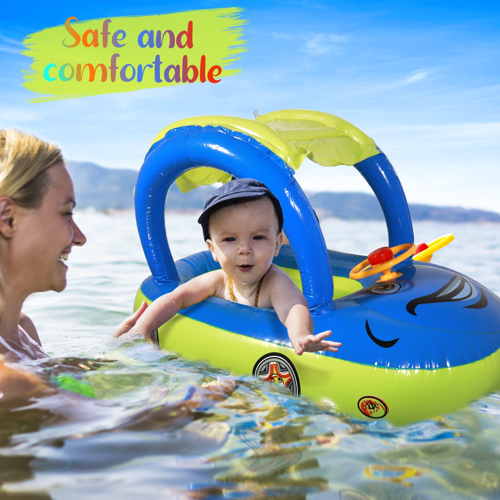 Baby Pool Float with UPF 50+ Canopy - Car Shaped Toddler Swim Float Boat, Infant Swim Ring for Summer Pool & Beach Play, Outdoor Water Fun for Kids