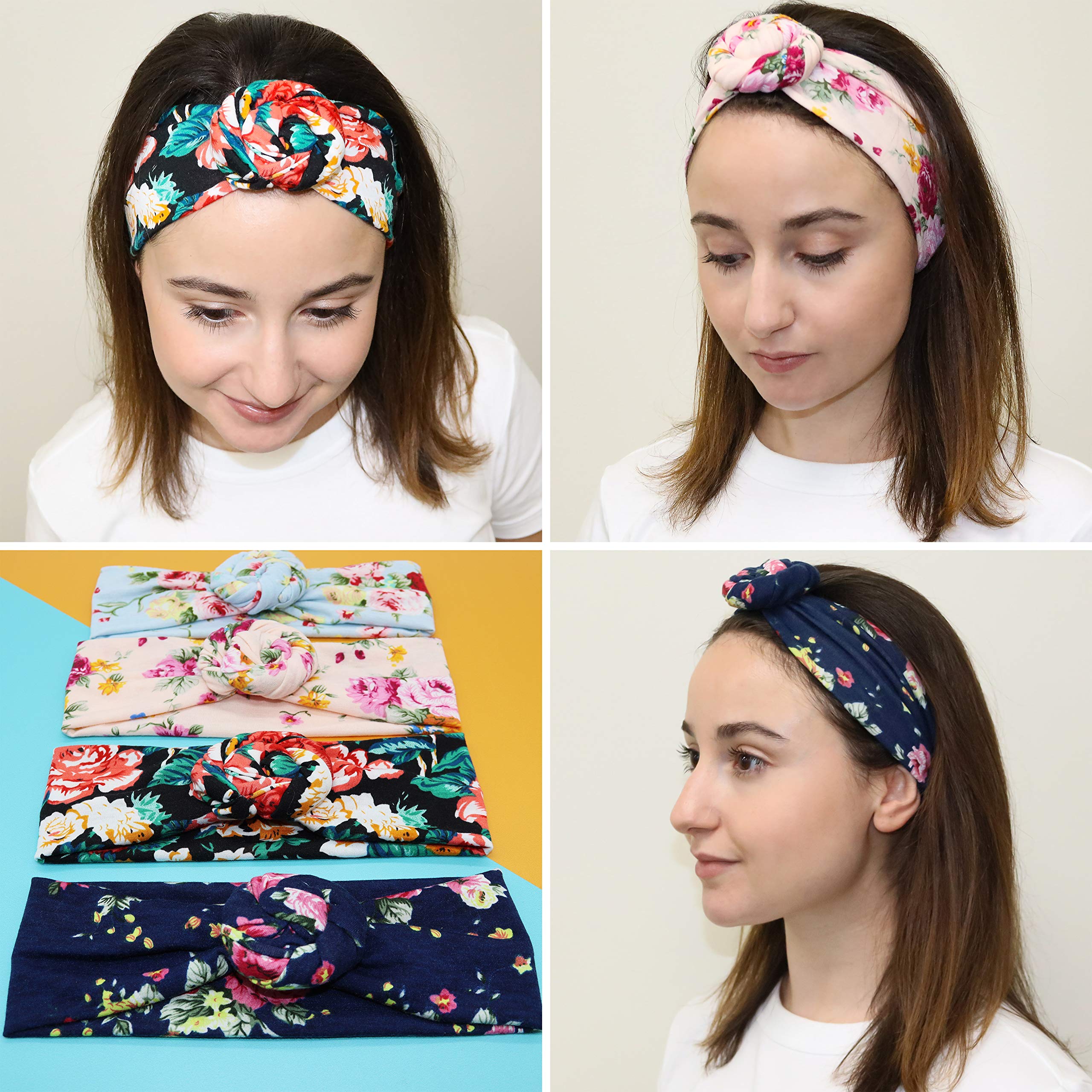 FROG SAC 4-Pack Floral Headbands for Girls & Women | Stretchy Flower Headwraps for Teens & Adults | Soft Rose Bun Headbands | Cute Comfortable Fashion Hair Accessories for Everyday Wear, Parties & Photos