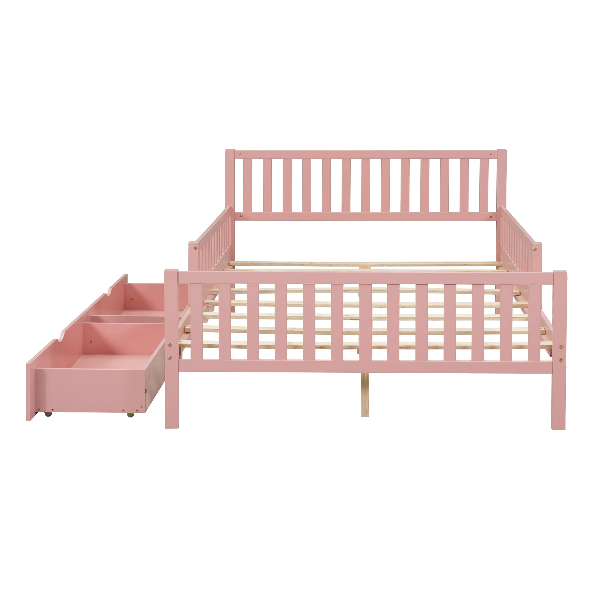 Pink Kids Full Bed Frame with Guardrails, Low Platform Bed with Headboard & Footboard, 2 Storage Drawers - Safe Toddler Bed for Boys & Girls - Perfect for Bedrooms, Daycare & Sleepovers