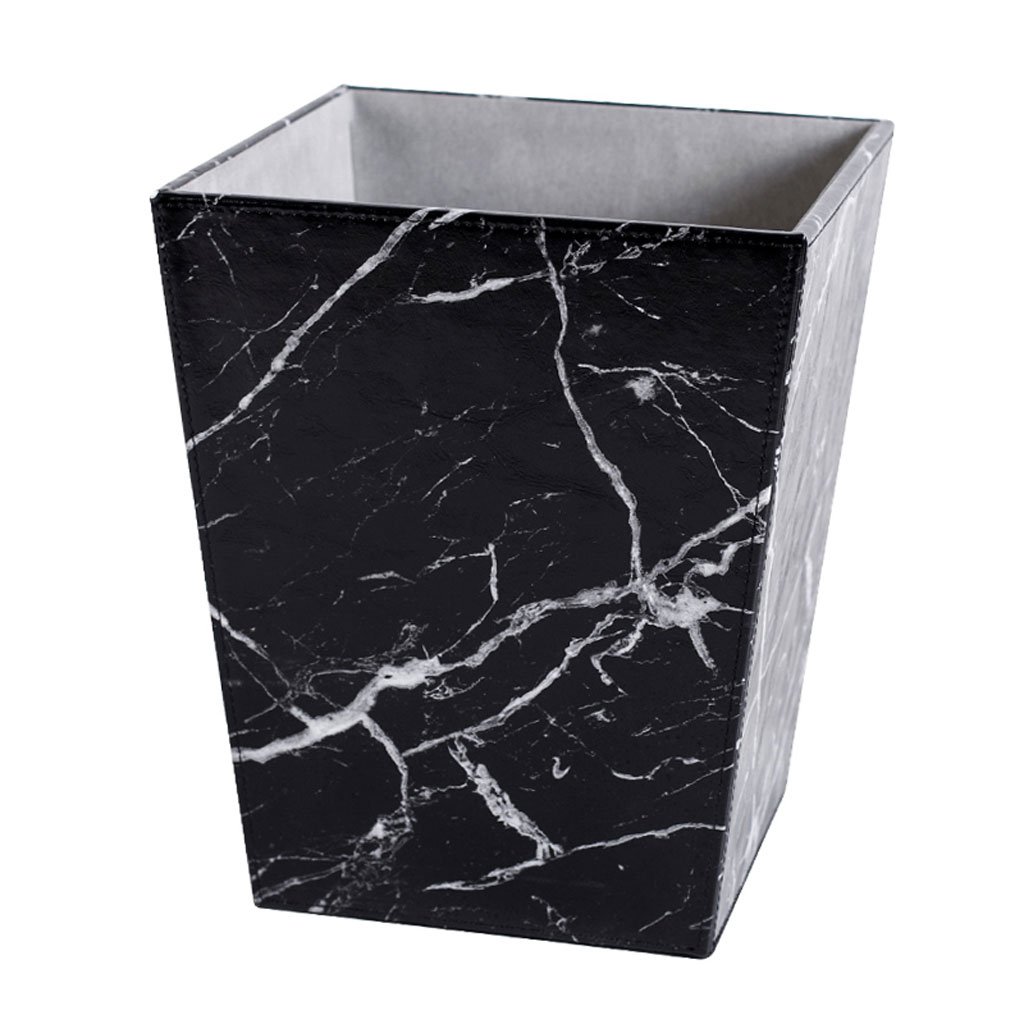 Nordic Style Marble PU Trash Can - Rectangular Lidless Bedroom Office Garbage Bin, Black Indoor Waste Basket (22cm x 28cm) for Home Decor & Small Space Organization