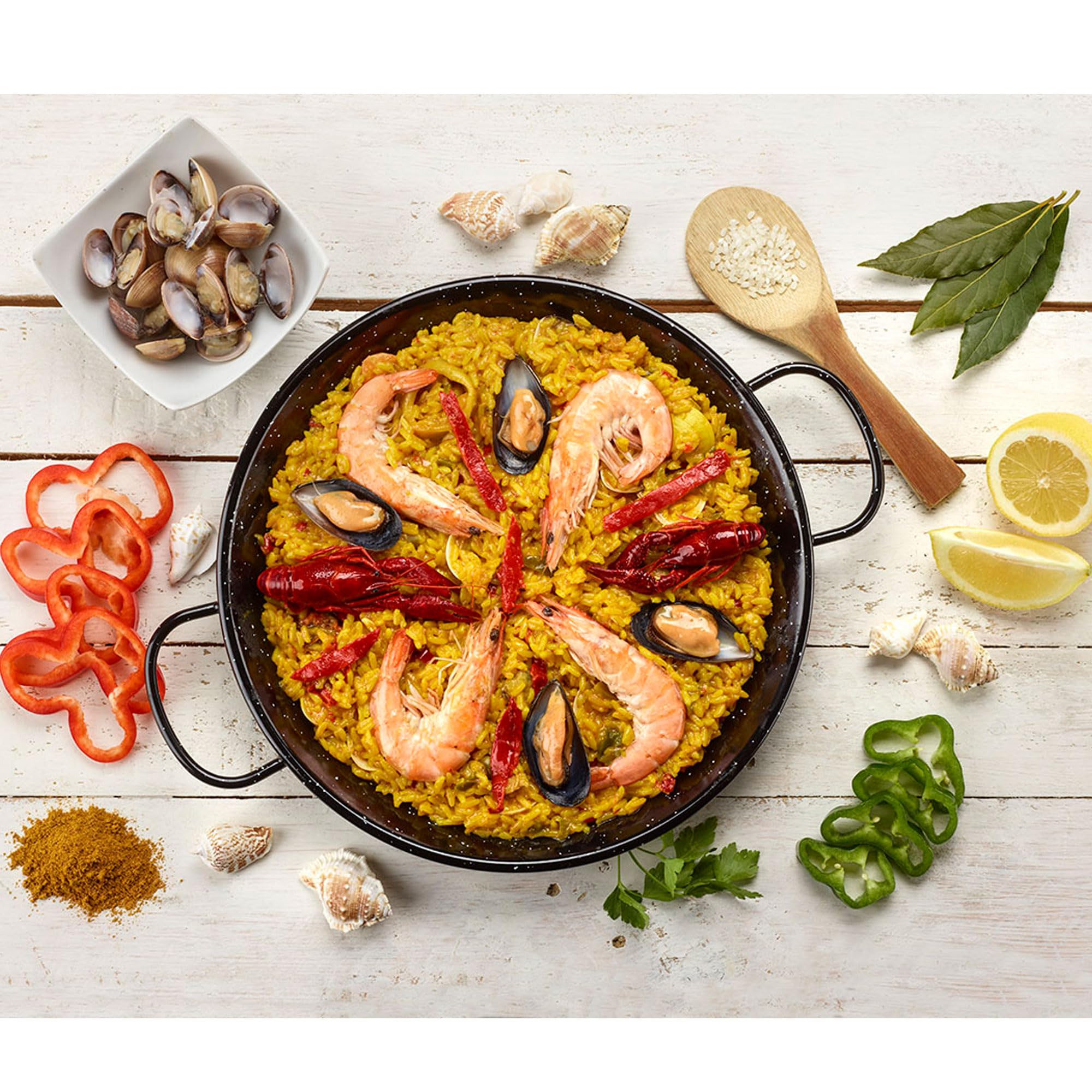 Valencian Paella Pan 26cm - Enameled Steel Induction Paellera for 2 Servings - Compatible with Glass Ceramic, Gas, Fire & Oven - Black Speckled Finish - Perfect for Spanish Rice Dishes, Family Gatherings & Outdoor Cooking