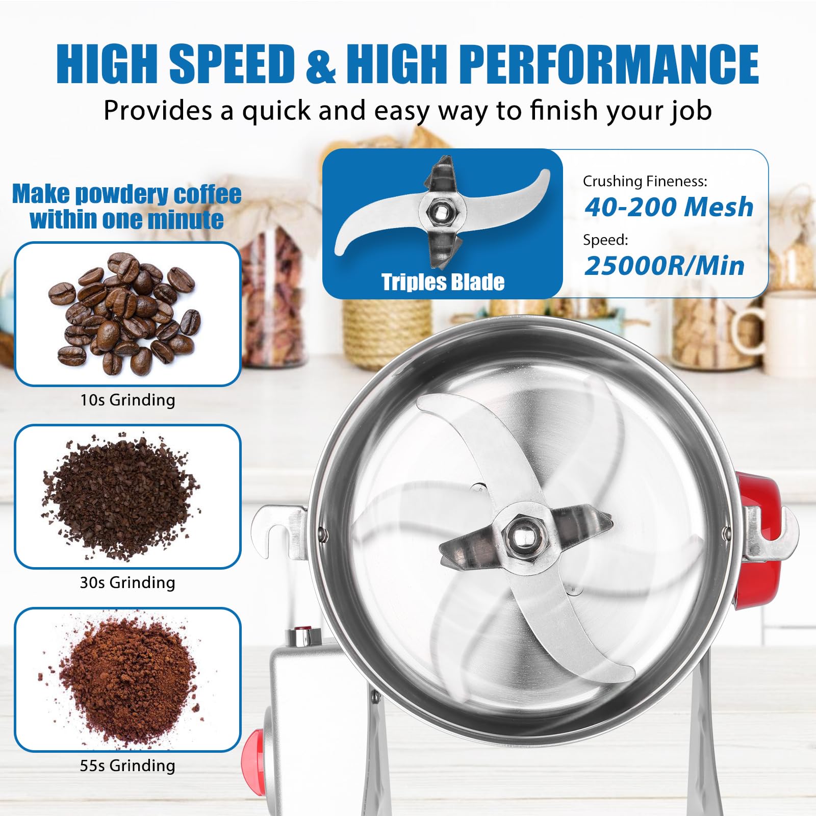 800W Electric Grain Mill Grinder - 800g Stainless Steel Commercial Spice & Herb Grinder - High-Speed 2400W Pulverizer for Coffee, Corn, Pepper, Dry Grains - Perfect for Home Kitchens, Bakeries & Coffee Shops